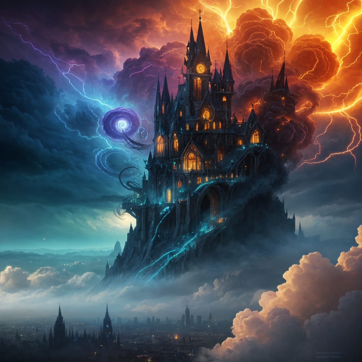 Tornado Sweeping a Colorful Fantasy City in 8-bit