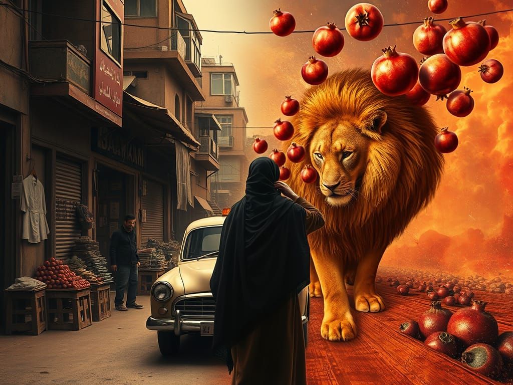 Surreal Bazaar Scene in Split-Frame Composition