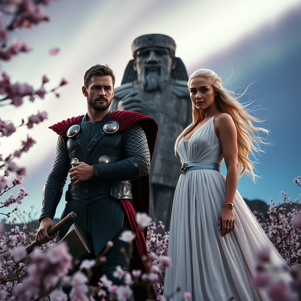 Thor and Daenerys in Cherry Blossom Field