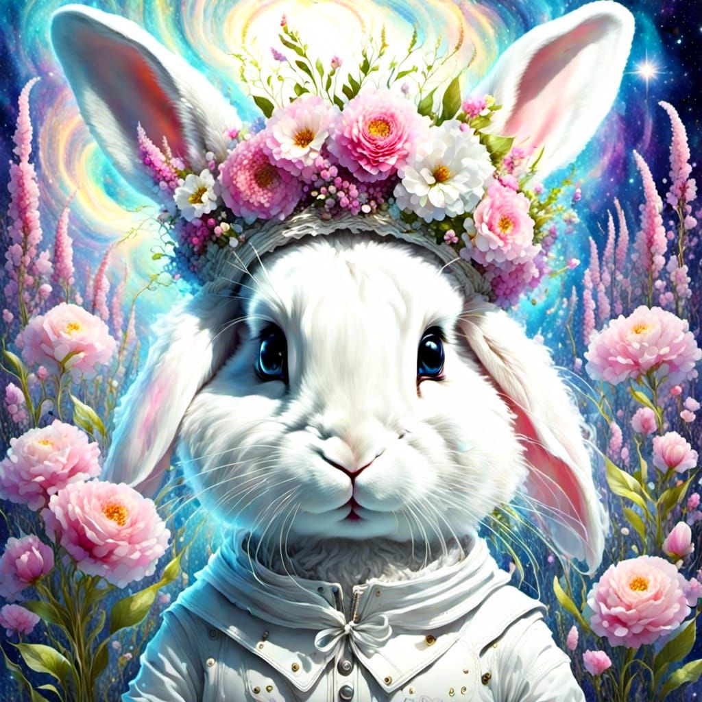 Bunny in Floral Bonnet with Snapdragons