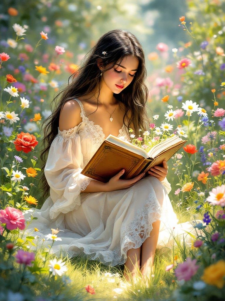 Gentle Girl Surrounded by Blooming Flowers in Dreamy Waterco...