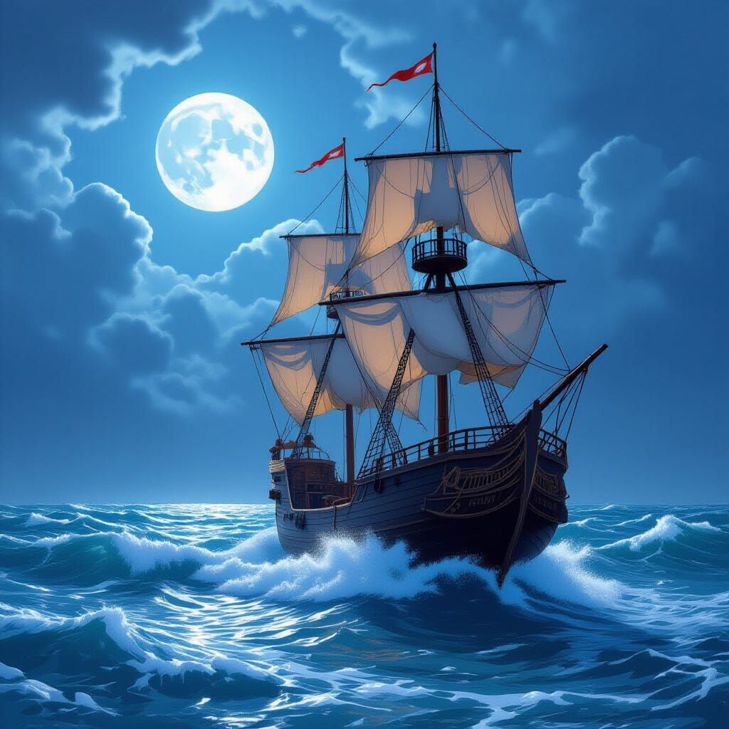 Full-Rigged Ship on Foamy Waves Under Cloudy Moonlit Sky