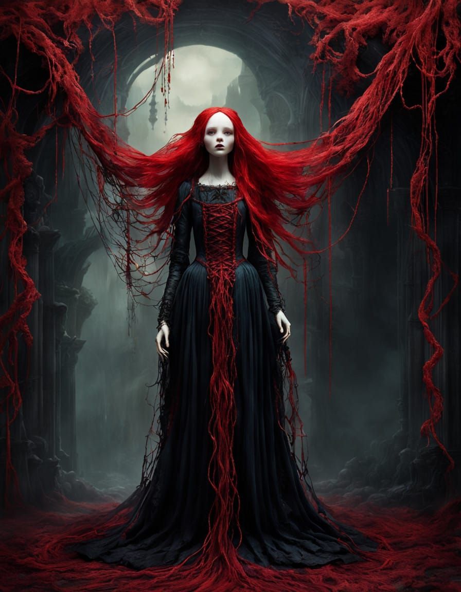 Fiery Red Marionette Doll in Gothic Collage Style