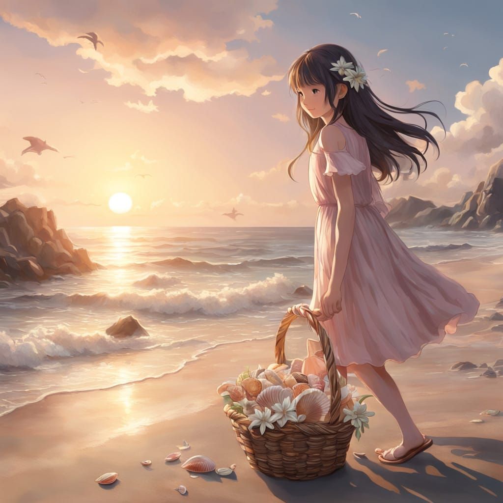 Serene Anime-Inspired Beach Scene with Delicate Details