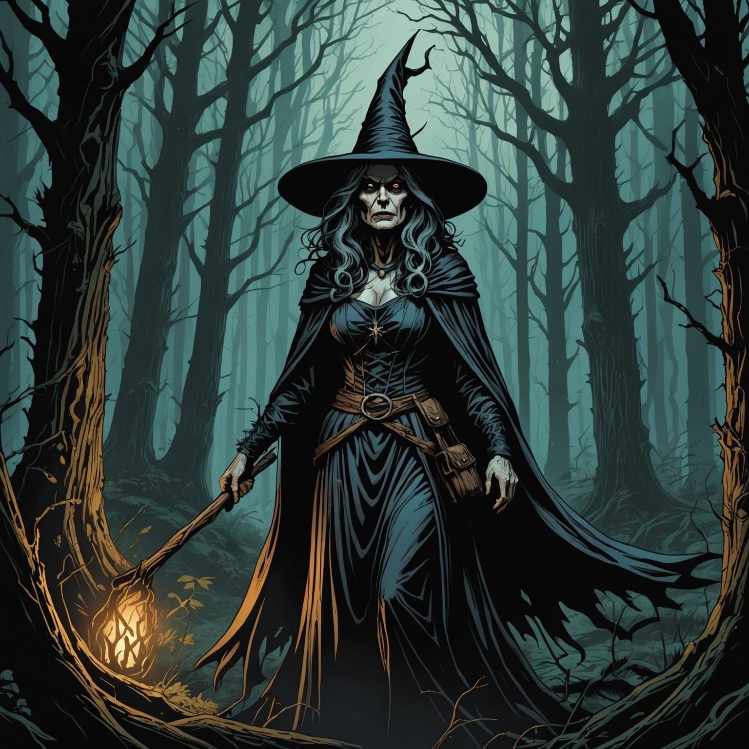 Dark Witch in Forest, Comic Book Art