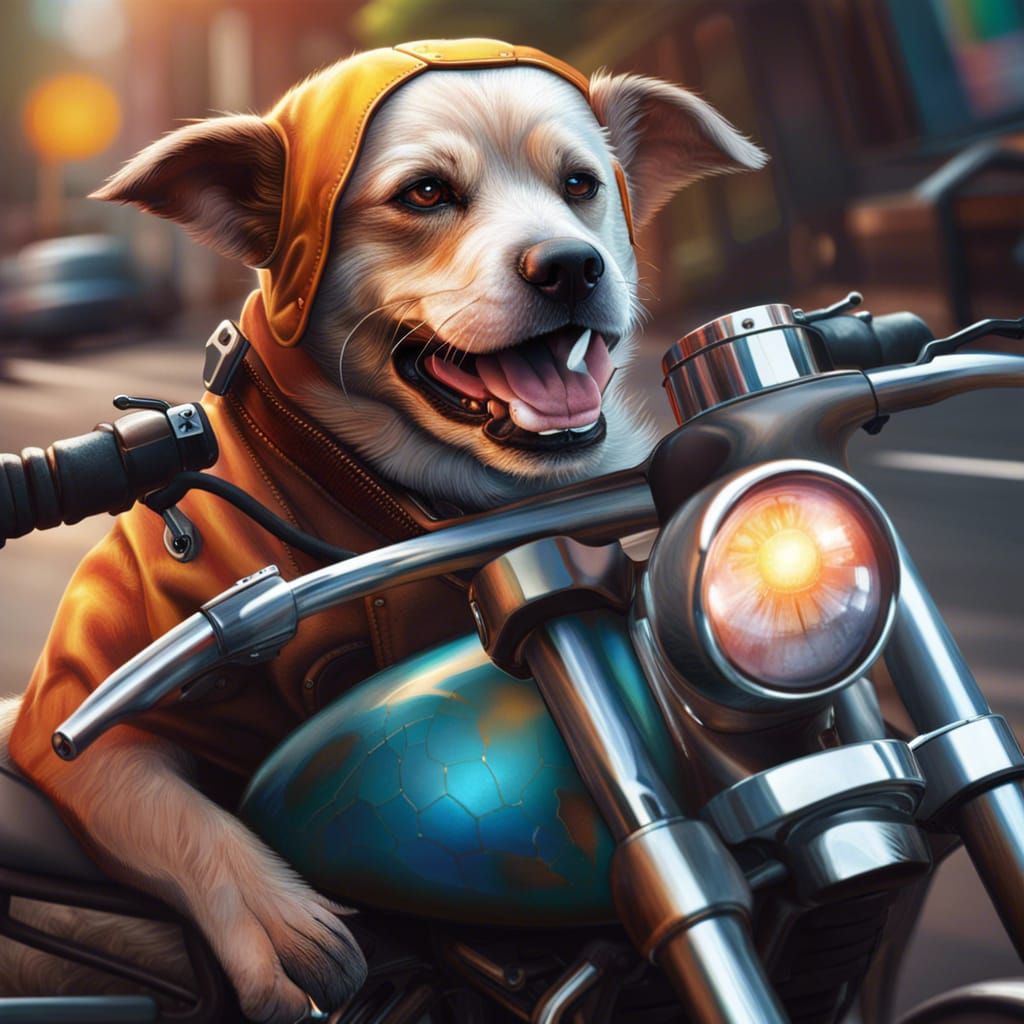 Dog Rides Motorcycle in Hyperrealistic Splash Art