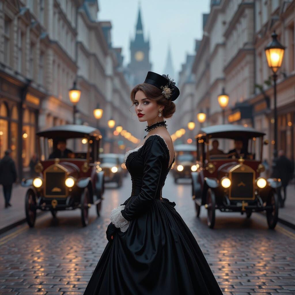 Victorian London Street Scene with Steampunk Elements