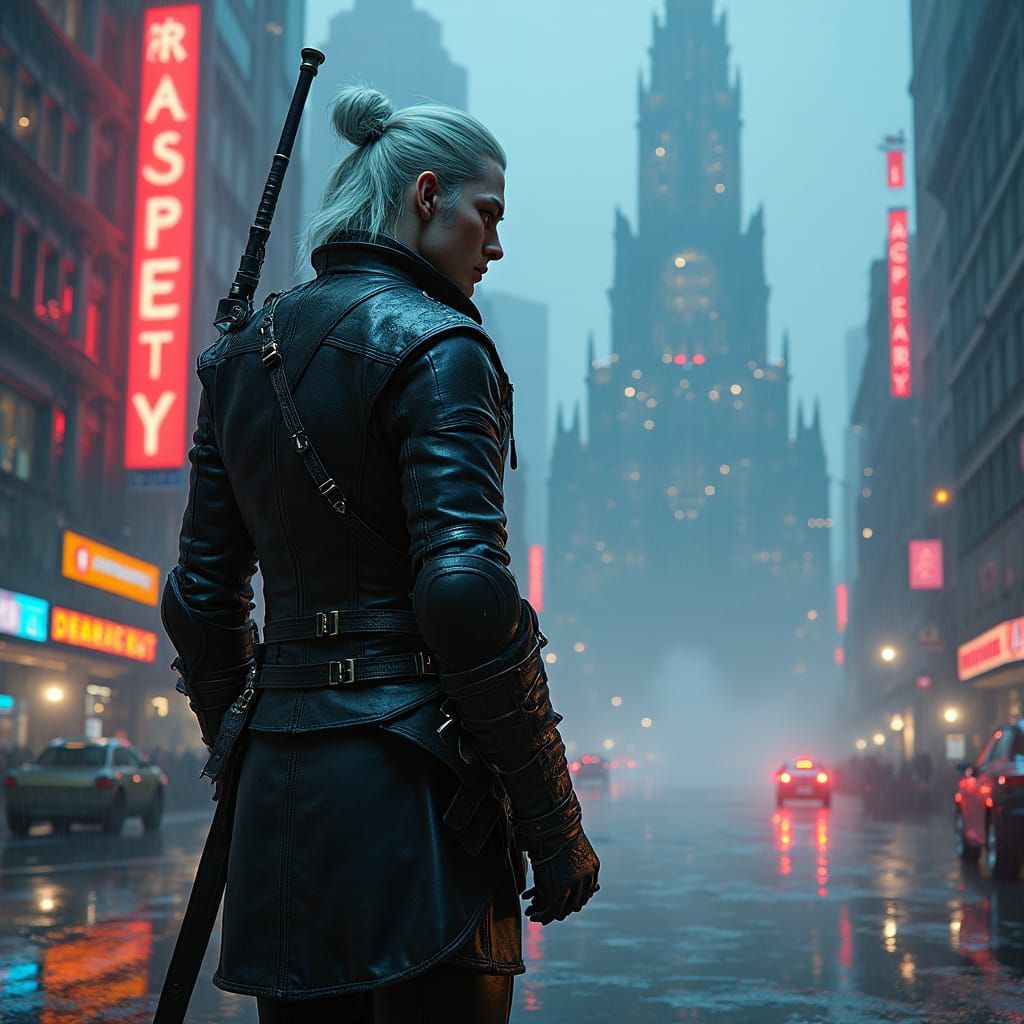 Cyborg Geralt in Dystopian Cyberpunk Cityscape