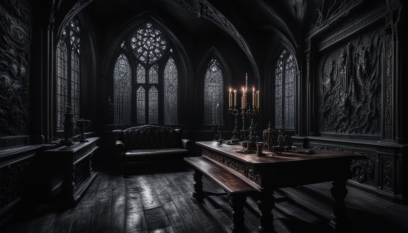 Dark Gothic Room with Hyperrealistic Details