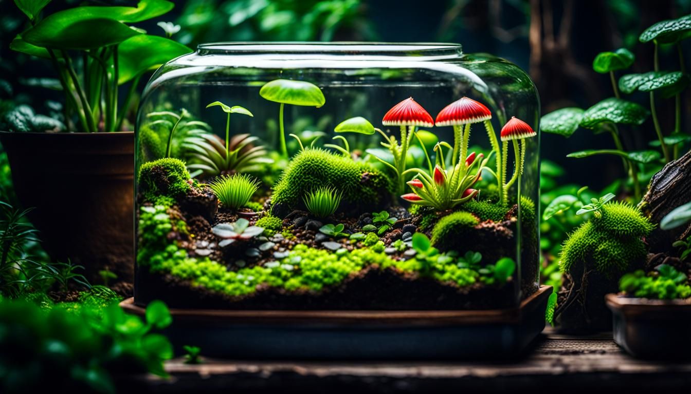 Terrarium with Venus Flytraps and Pixies in Lush Forest