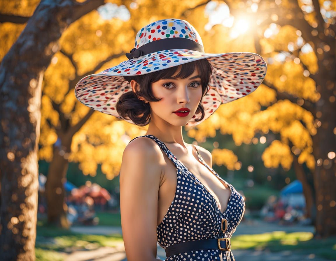 Polka Dot Woman in Surreal Anime Landscape