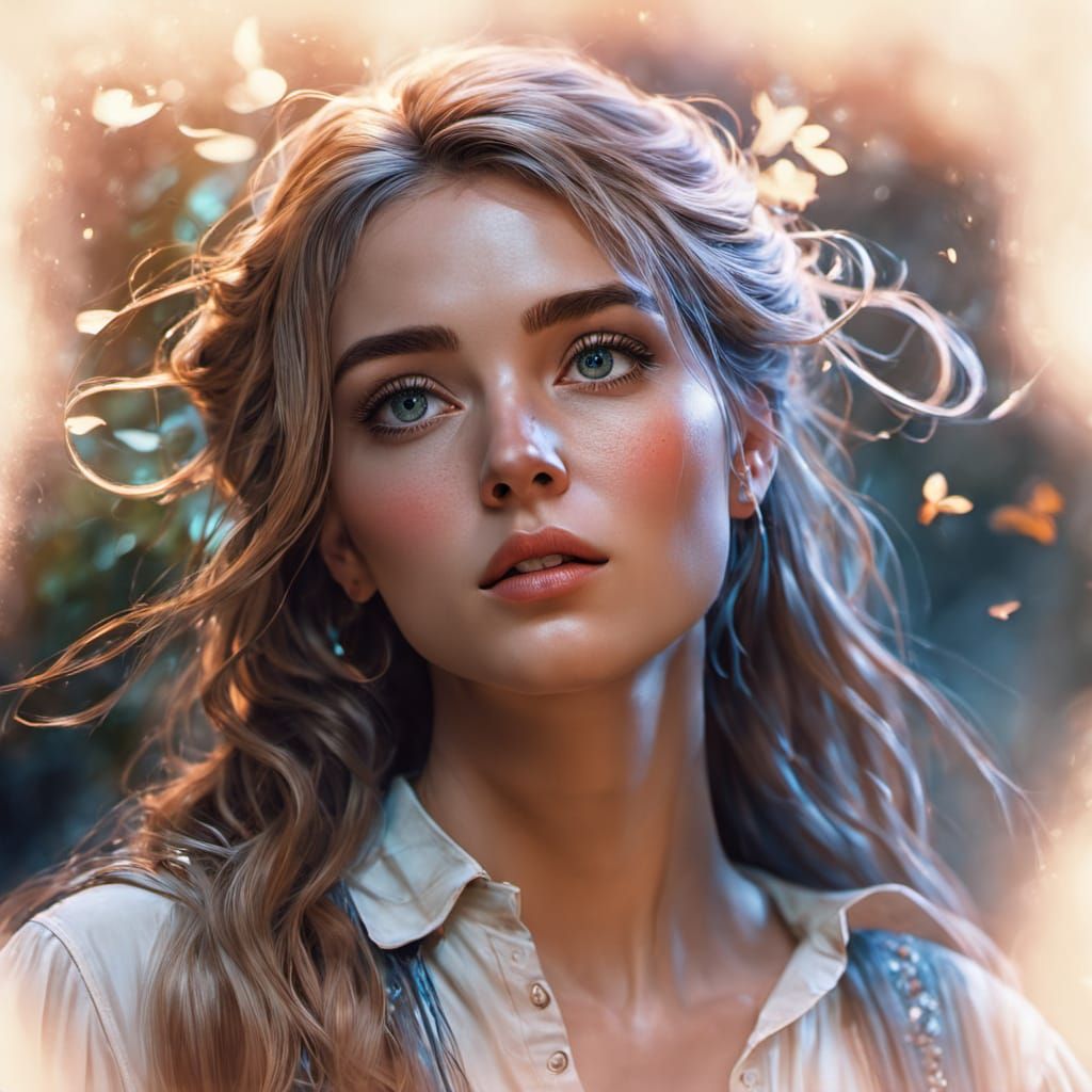 Eurasian Woman Running in Garden, Realistic Oil Painting