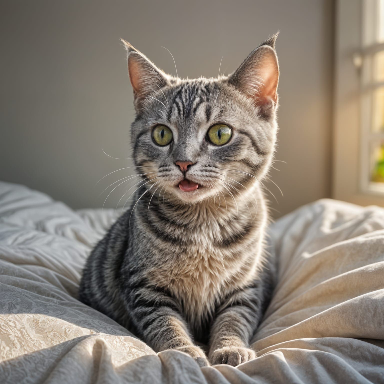 Silver Shorthair Cat Sticking Tongue Out on Bed