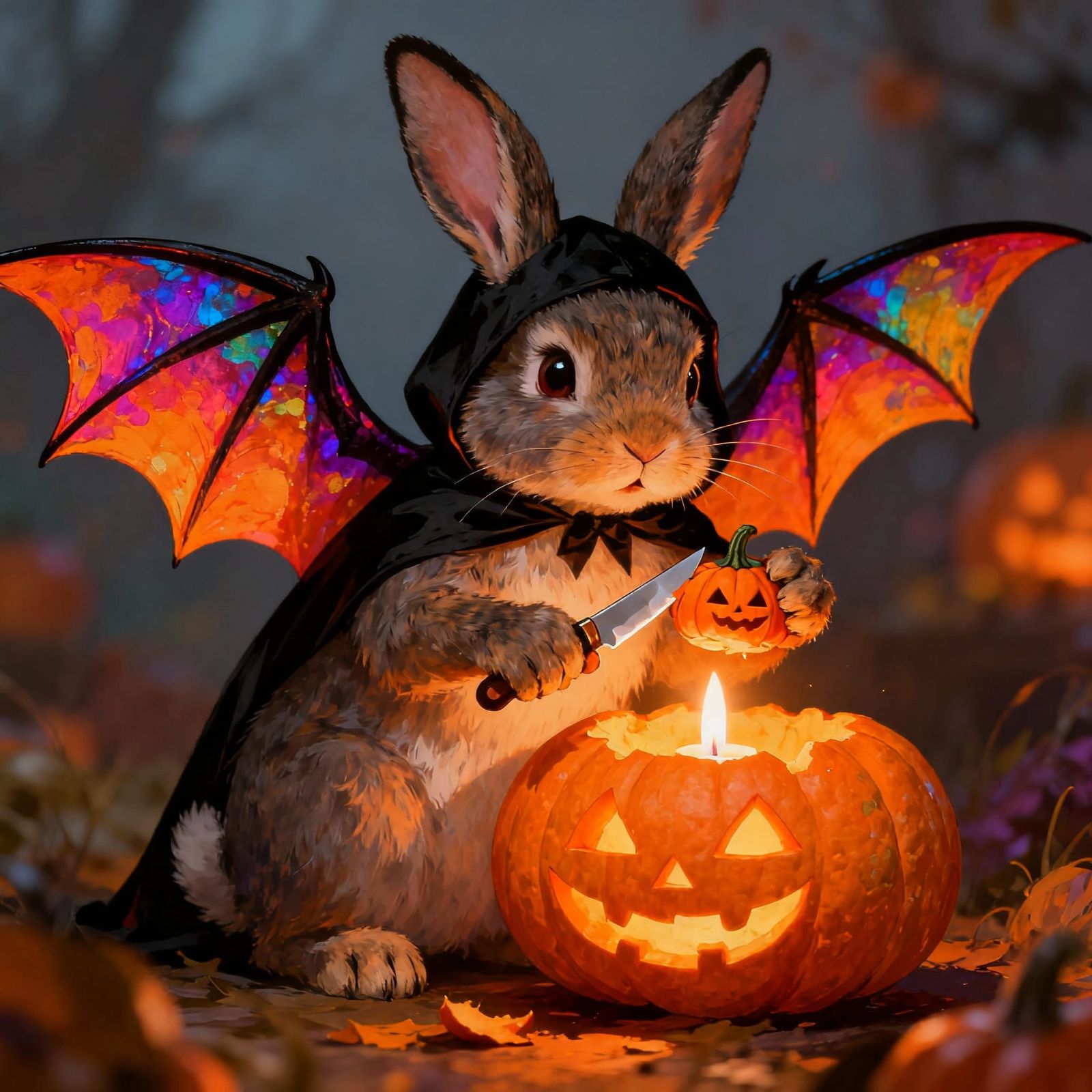 Whimsical Rabbit Carving Pumpkin in Bat Costume