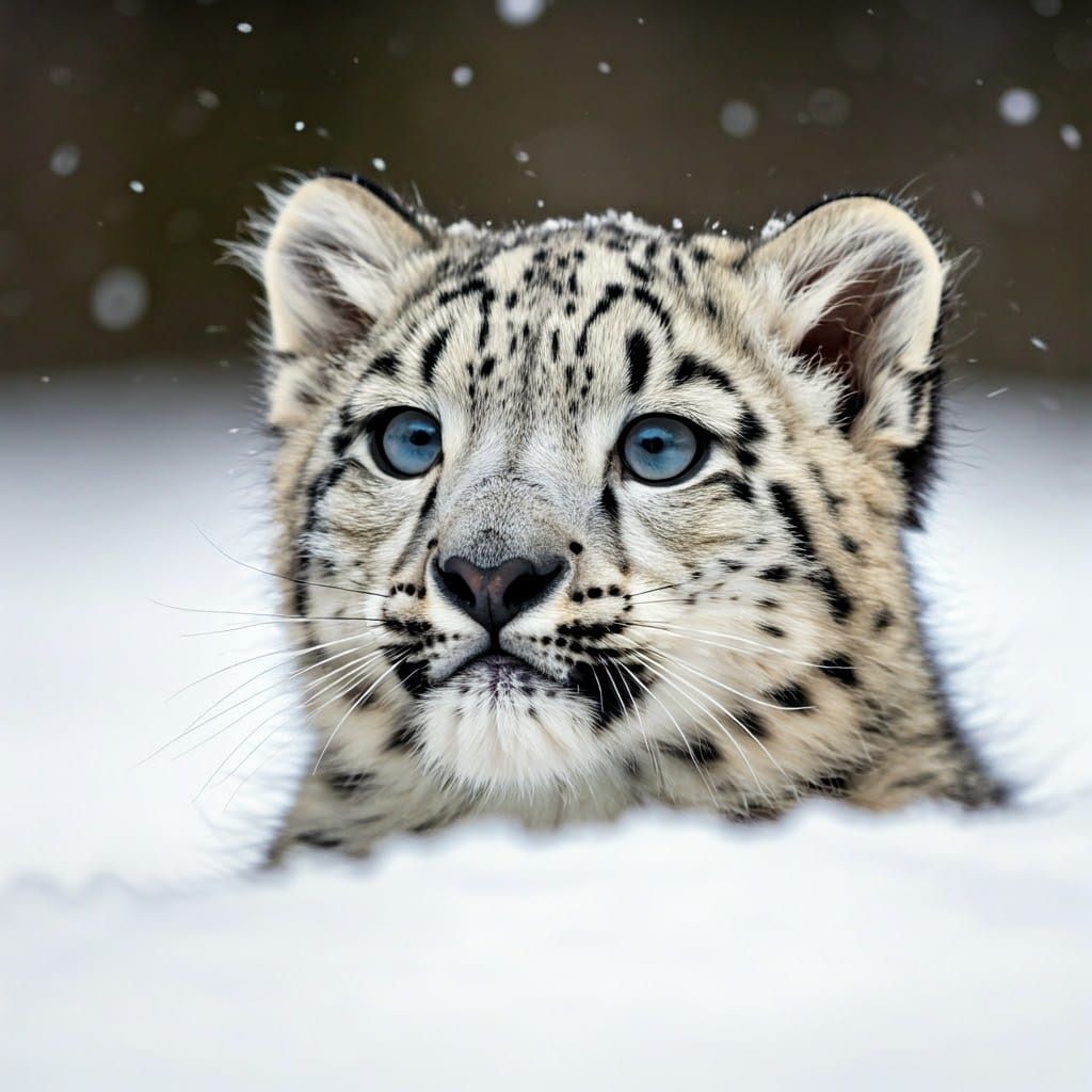 Snow Leopard Cub Pounces in Powdery Snow