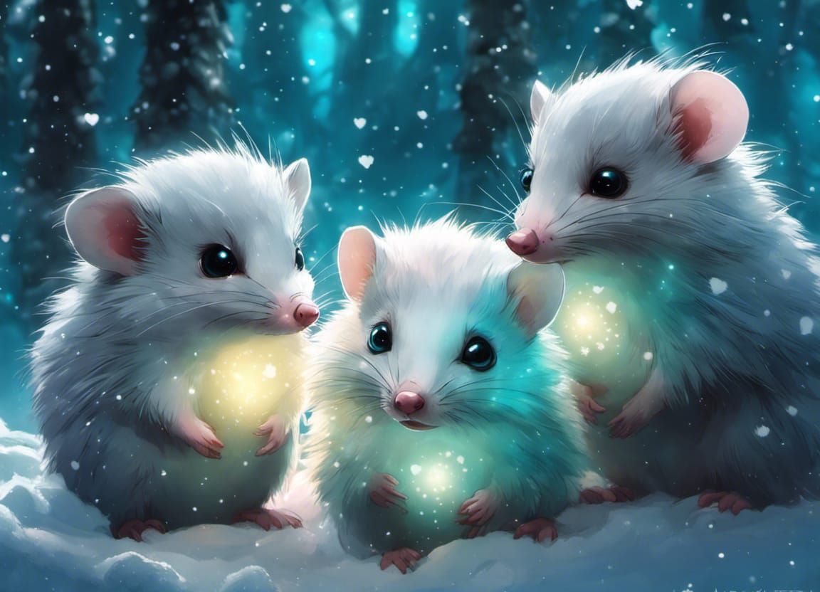 Chibi Opossums in Bioluminescent Frozen Forest