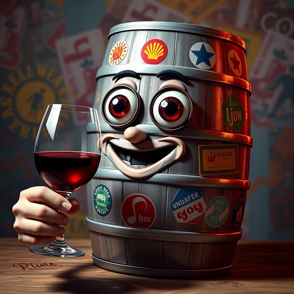 Comical Beer Barrel Sips Red Wine in Hyperrealistic Style