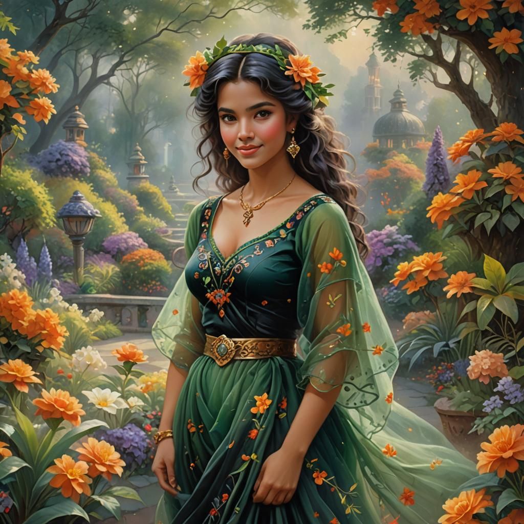 Beautiful Mexican Woman in Exotic Floral Park