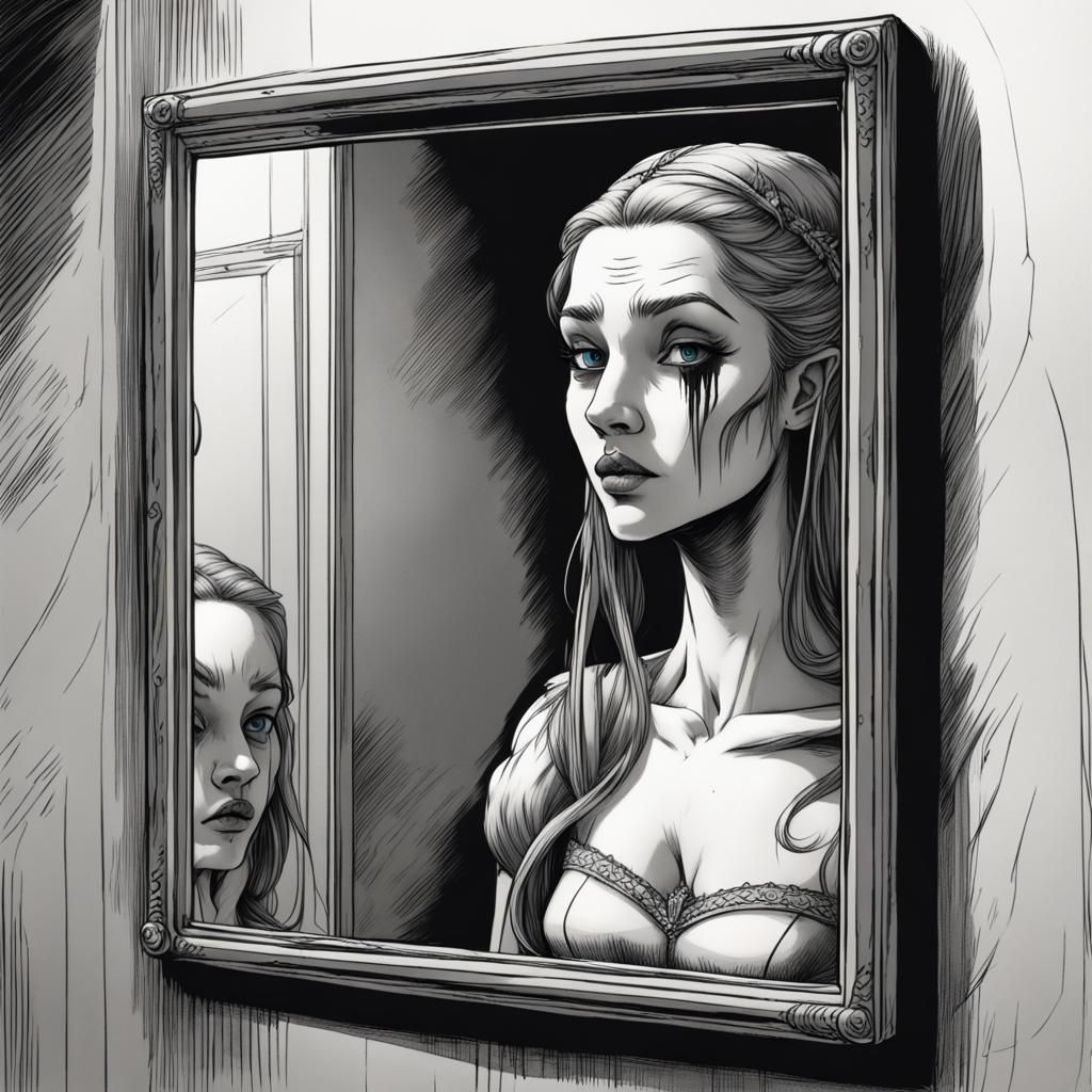 Princess's Ghastly Reflection in Charcoal Comic Style