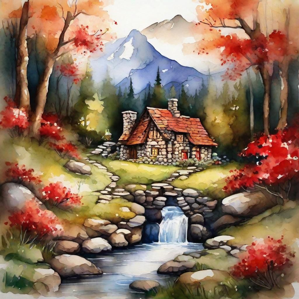 Stone cottage in a spring forest