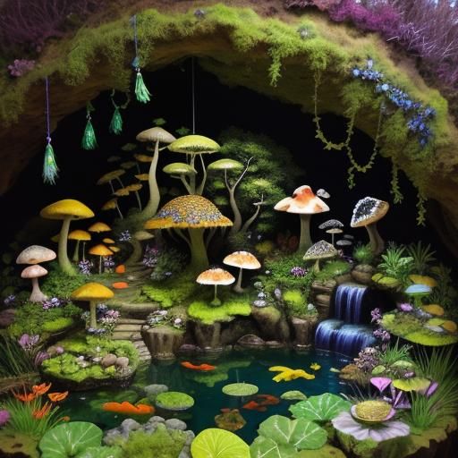 Lush Garden Cave with Mushrooms and Crystals