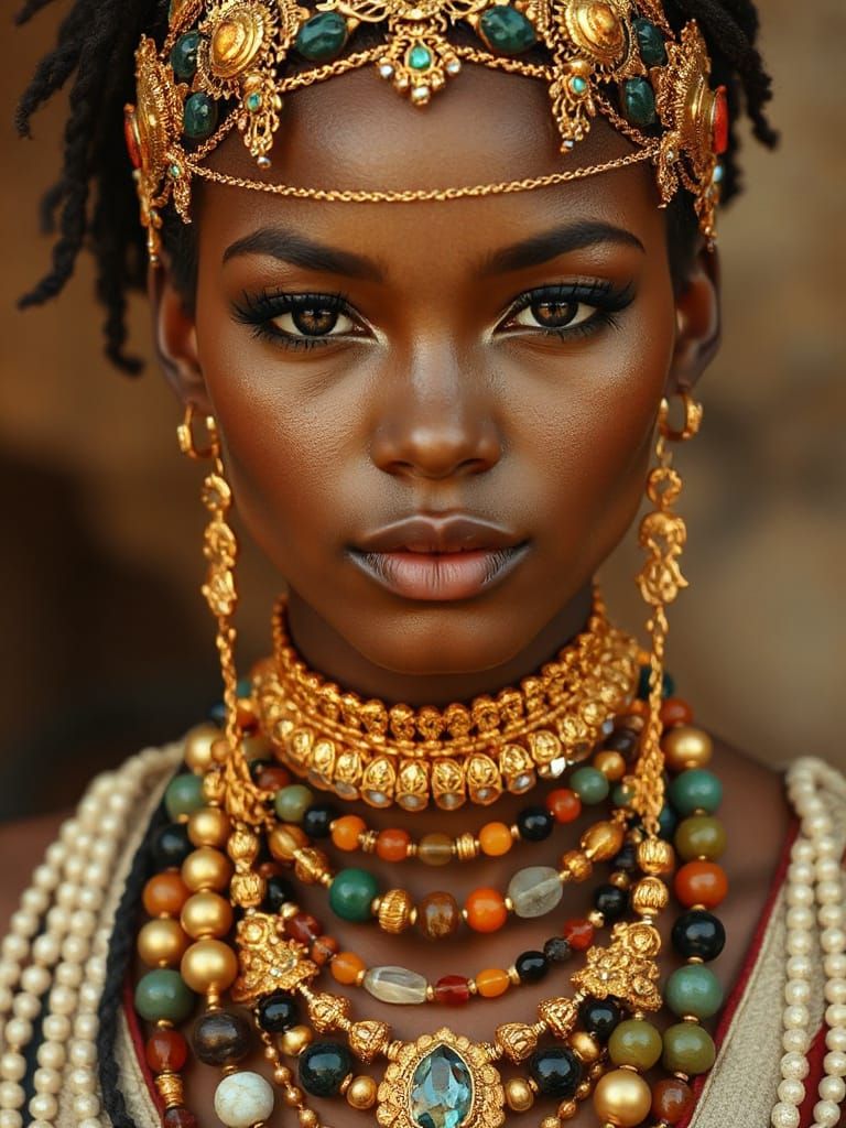 Bejeweled African Princess with Gold Filigree Necklaces