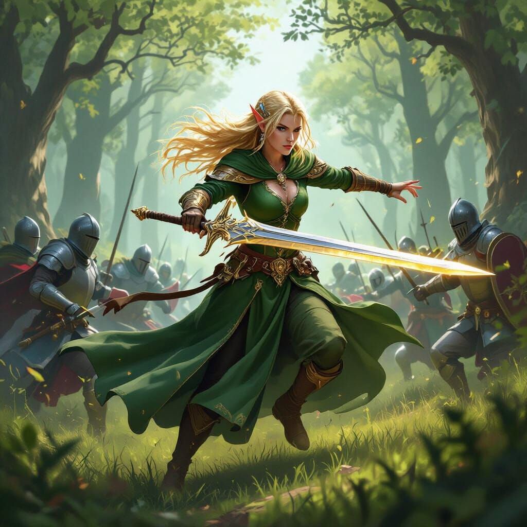 Majestic Elf Swordswoman in Forest Battle