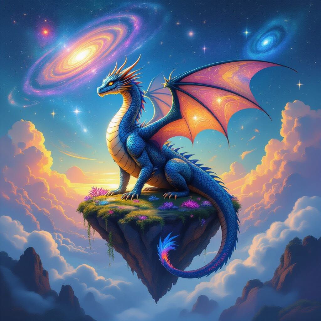 Cosmic Dragon on Floating Island Under Galaxy Sky