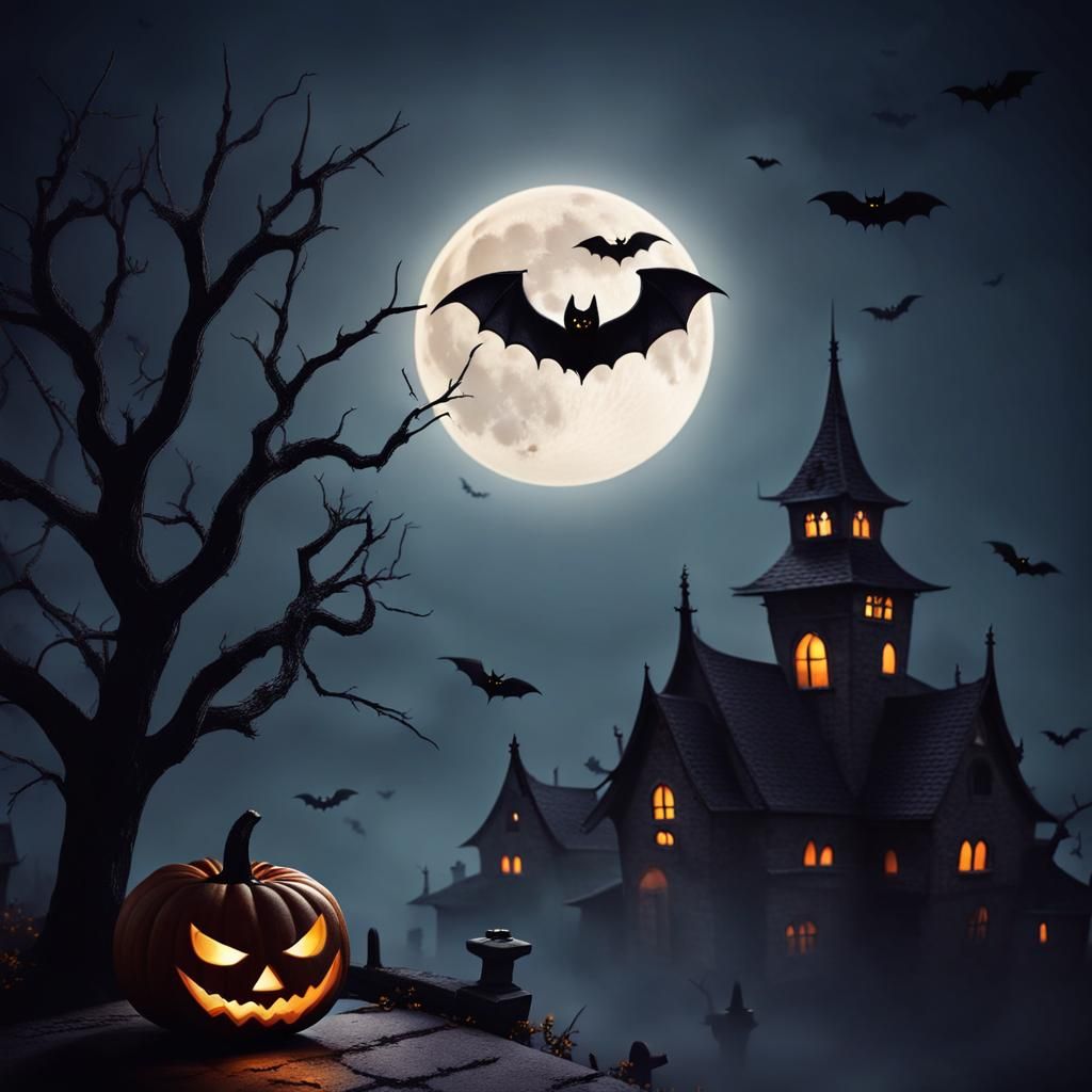 Halloween Bat Silhouetted Against Moonlit Night