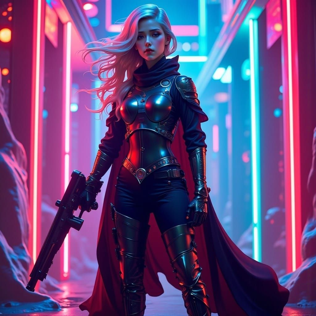 Cyberpunk Warrior Woman in Neon Cityscape