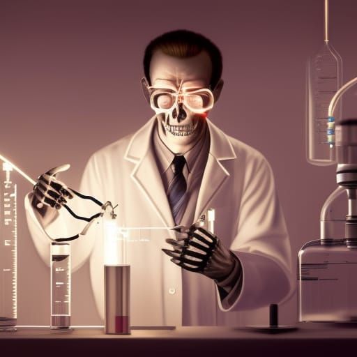 Grinning Skeleton Scientist in Lab Coat