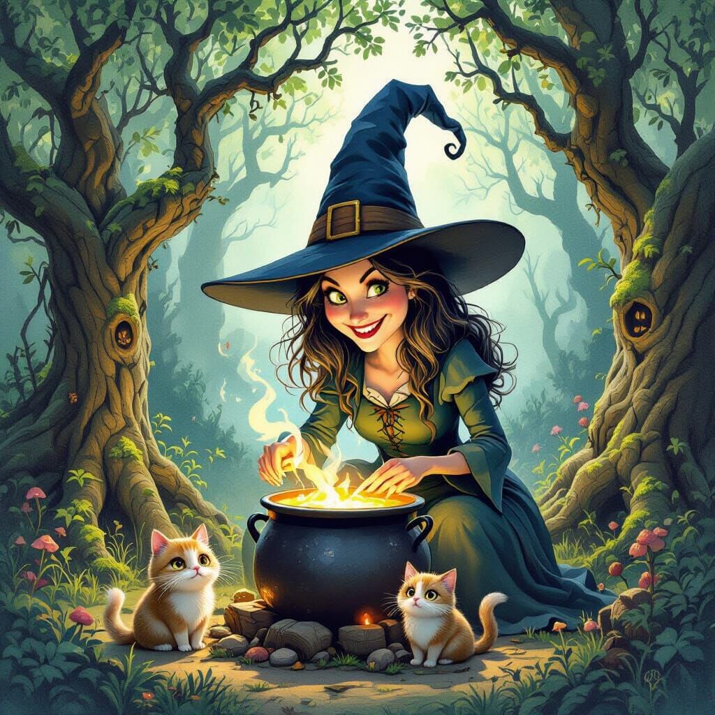 Whimsical Witch Tends Bubbling Cauldron in Enchanted Grove