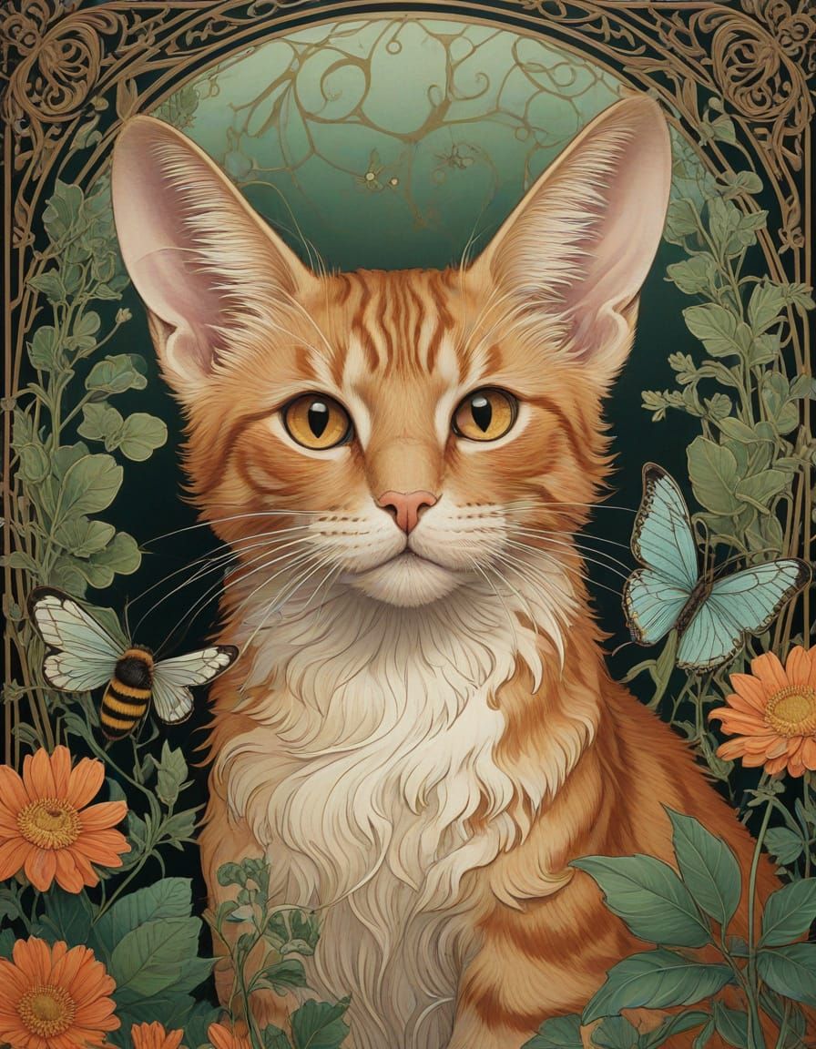 Whimsical Cat-Bee Hybrid in Art Nouveau Botanical Scene