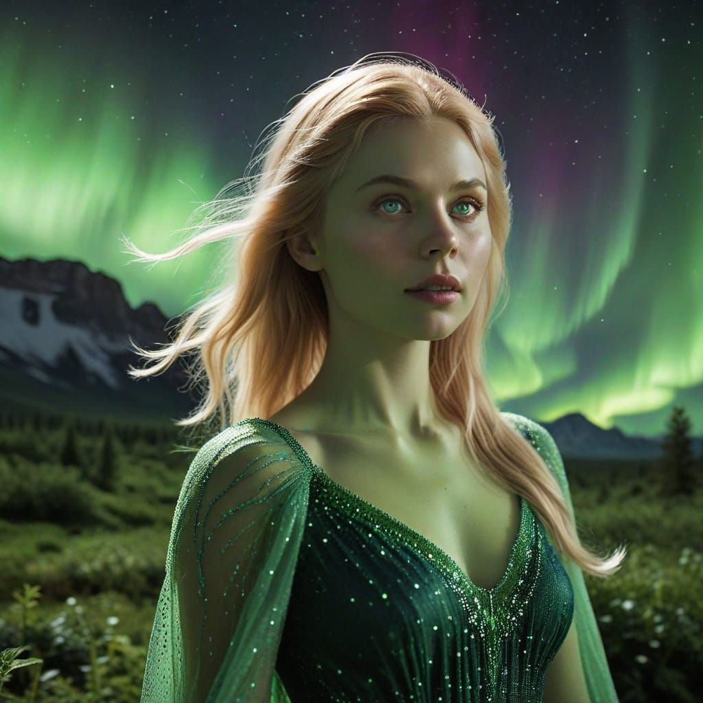 Green Aurora Borealis Over Snowy Landscape