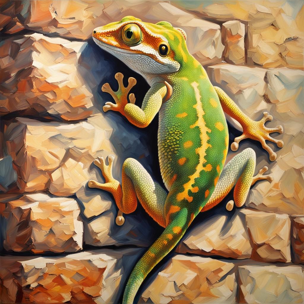 Gecko on African Wall: Oil Painting Masterpiece
