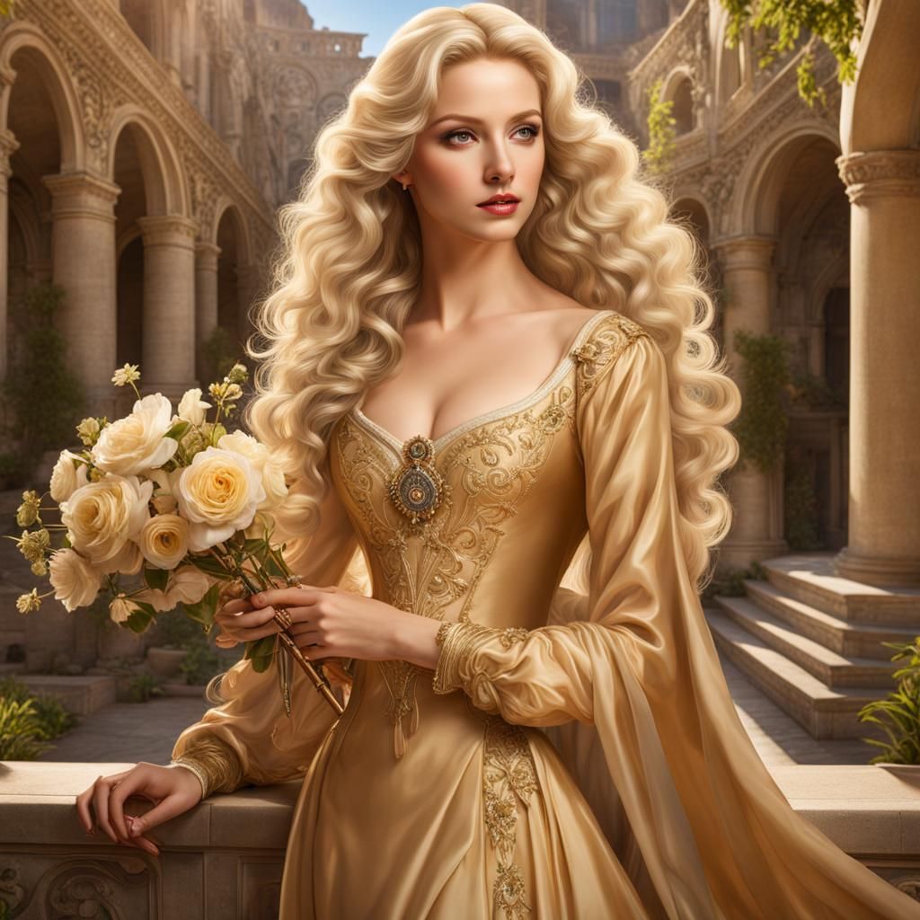 Renaissance Woman with Wand in Courtyard