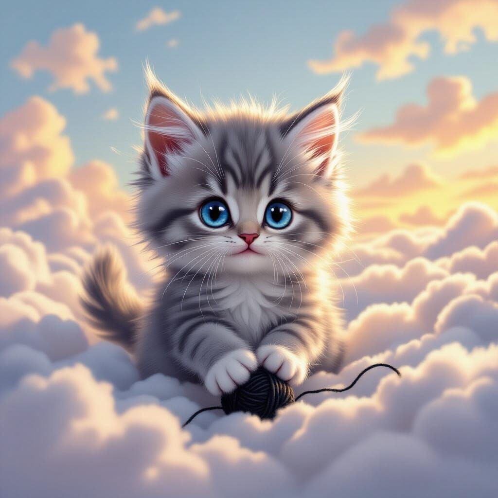 Fluffy Kitten Plays with Yarn in Dreamlike Cloudscape