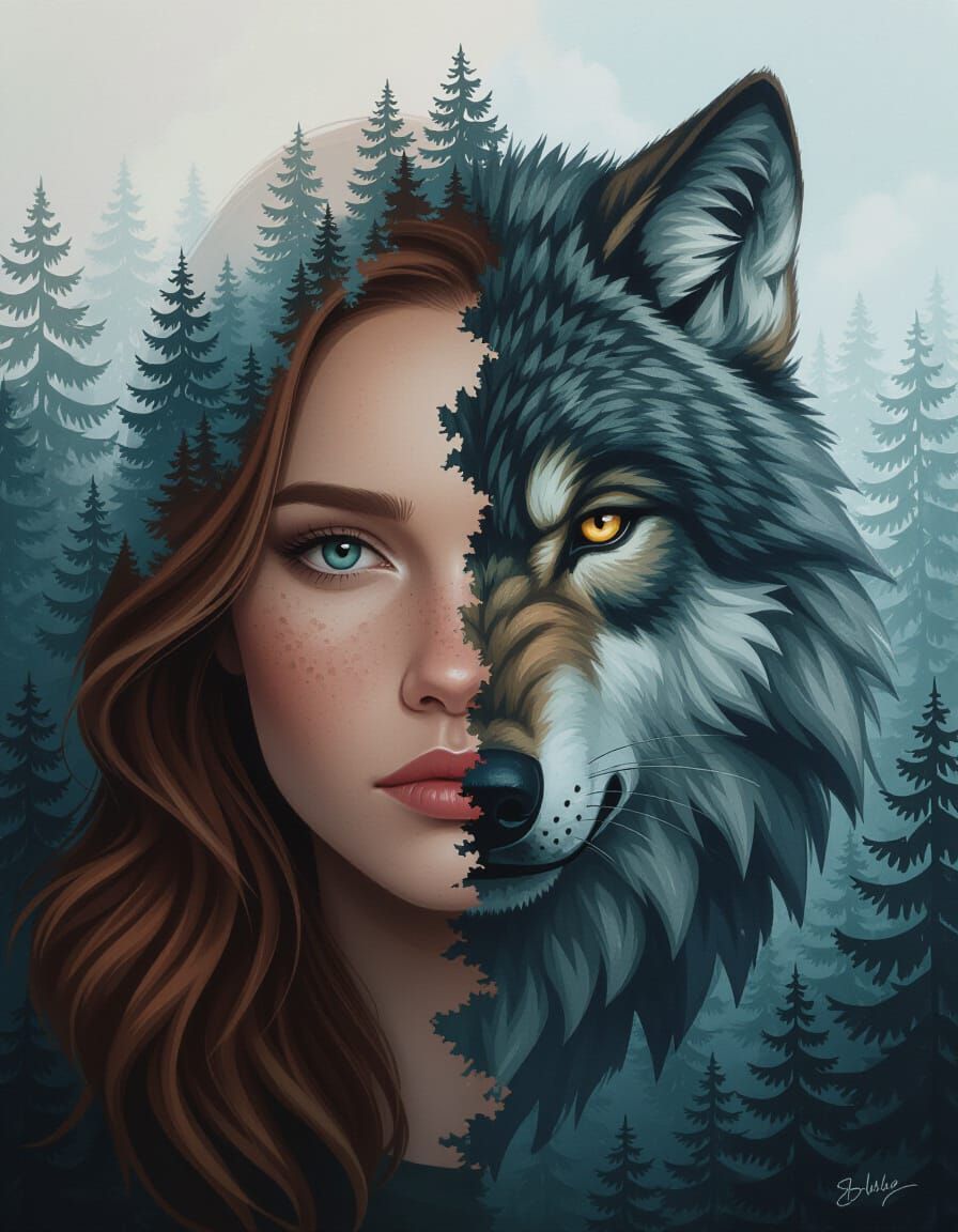 Hyperrealistic Portrait: Human and Werewolf Face