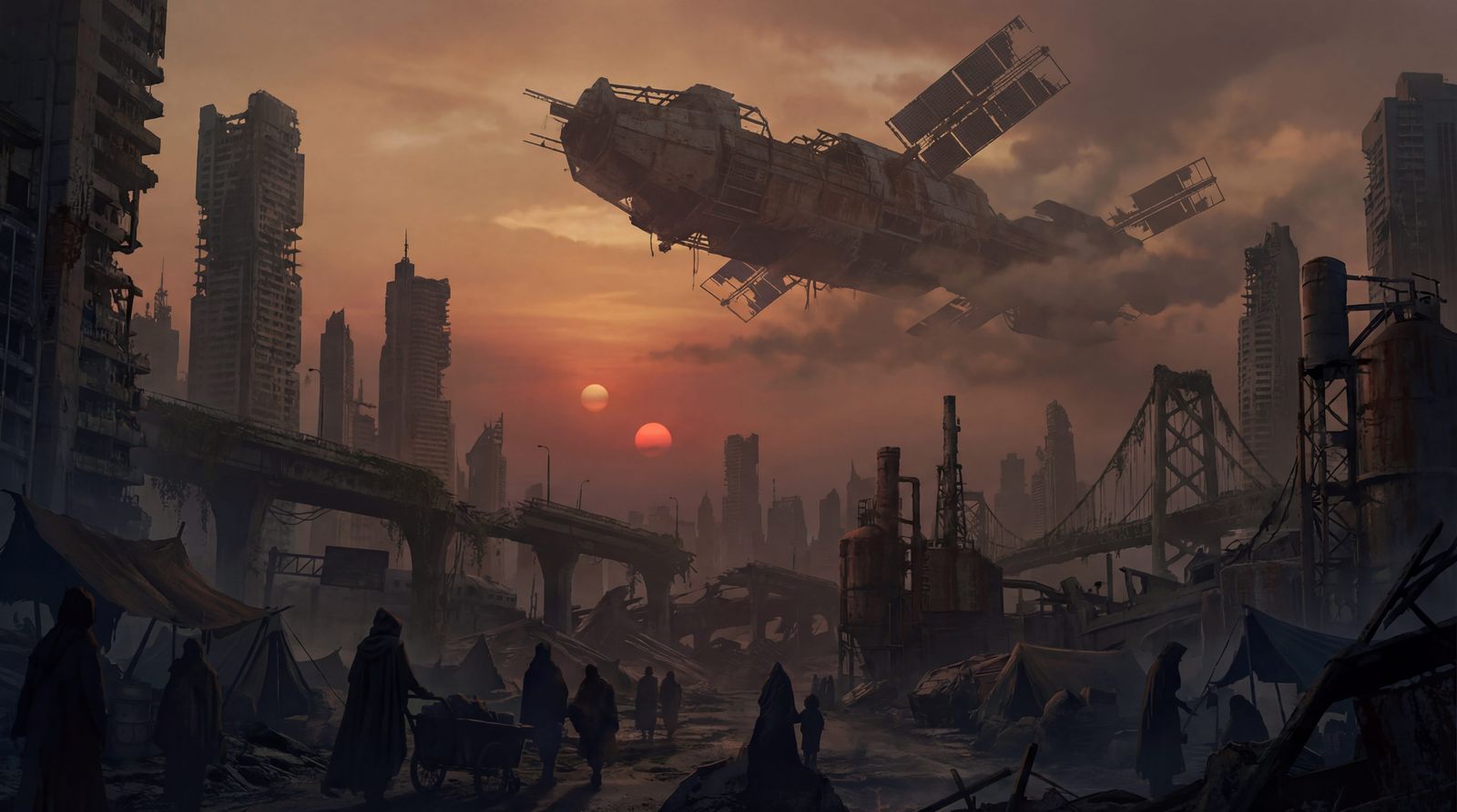 A vast, ruined cityscape stretching to the horizon, bathed in the eerie glow of a binary sunset. Silhouetted against the...