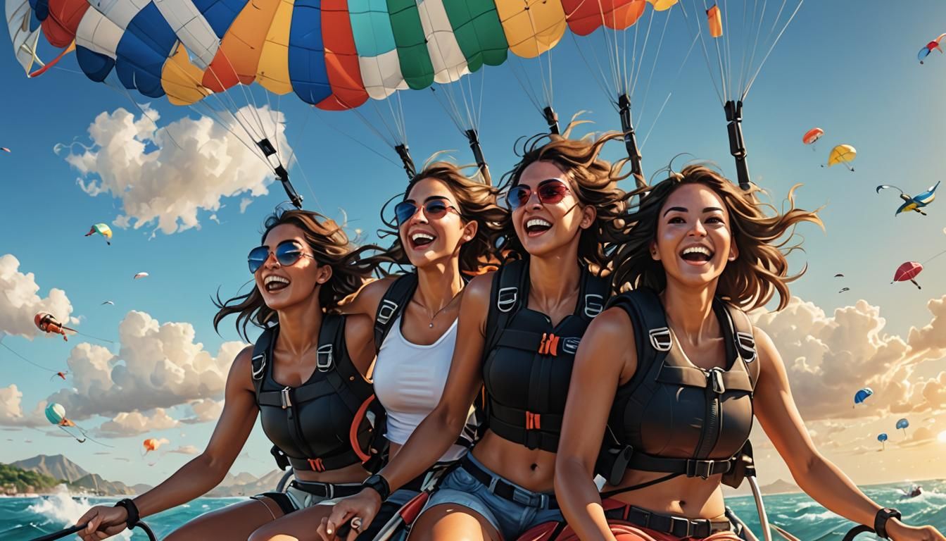 Diverse Friends Parasailing: Hyperrealistic Splash Art