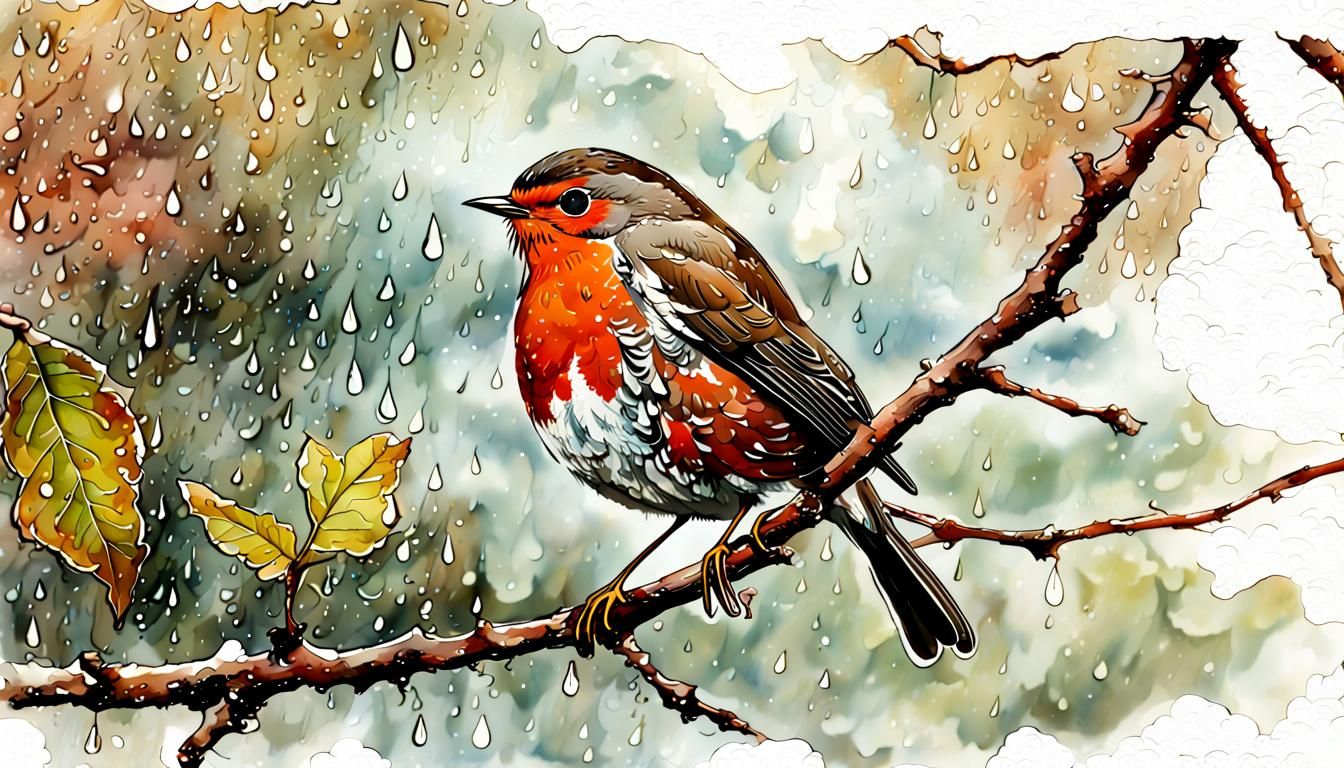 Robin in Rainy Garden: Gouache Watercolor Painting