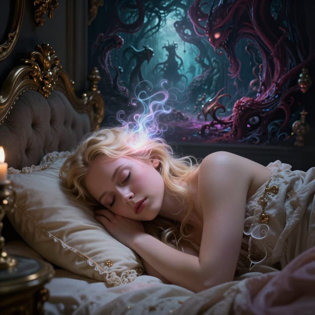 Surreal Dreamscape Portal Above Sleeping Woman