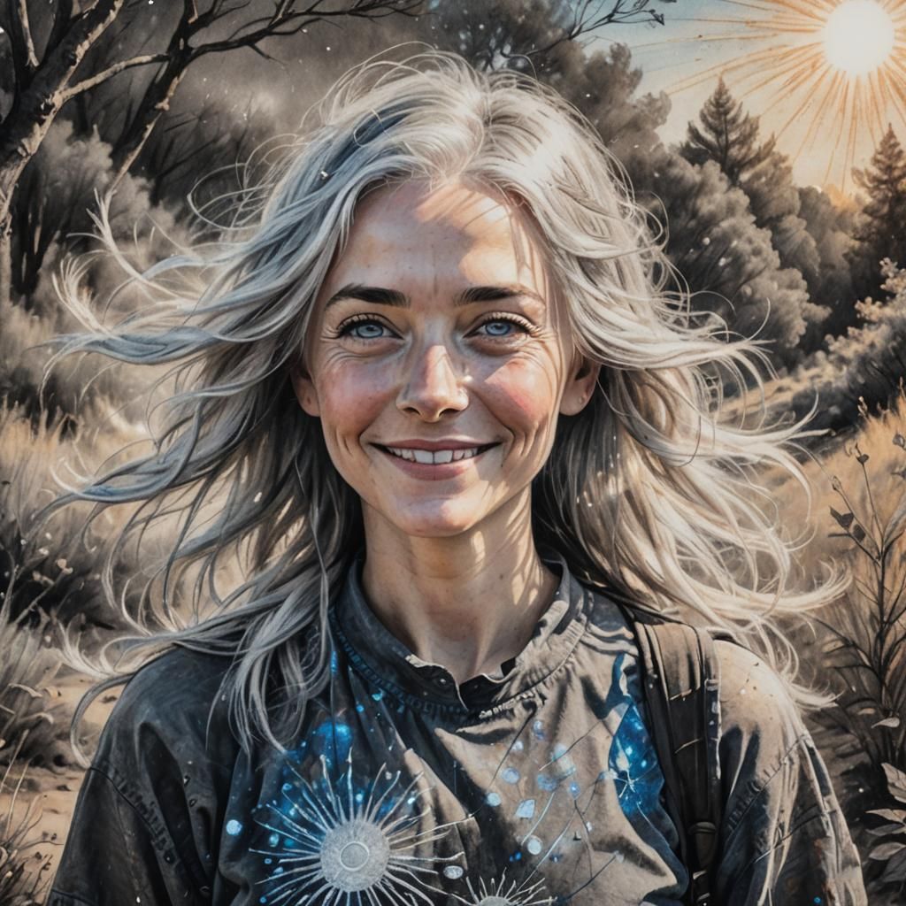 Silver-Haired Girl Smiling in Sunlit Charcoal Portrait