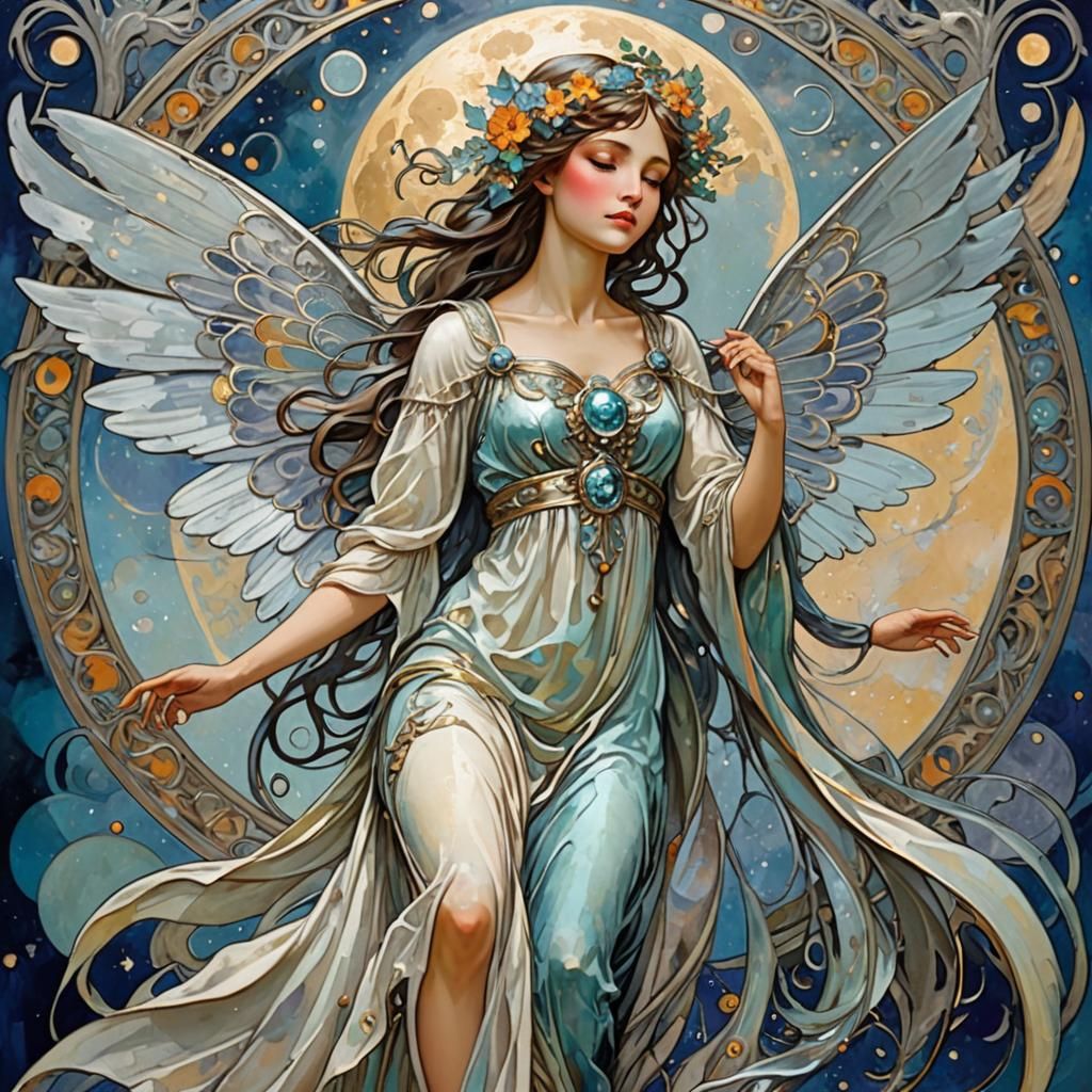 Moon Fairy with Silver Wings in Alphonse Mucha Style