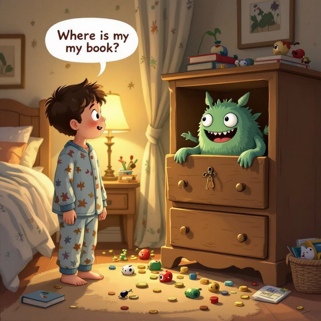 Whimsical Book Creature Escapade in Cozy Bedroom