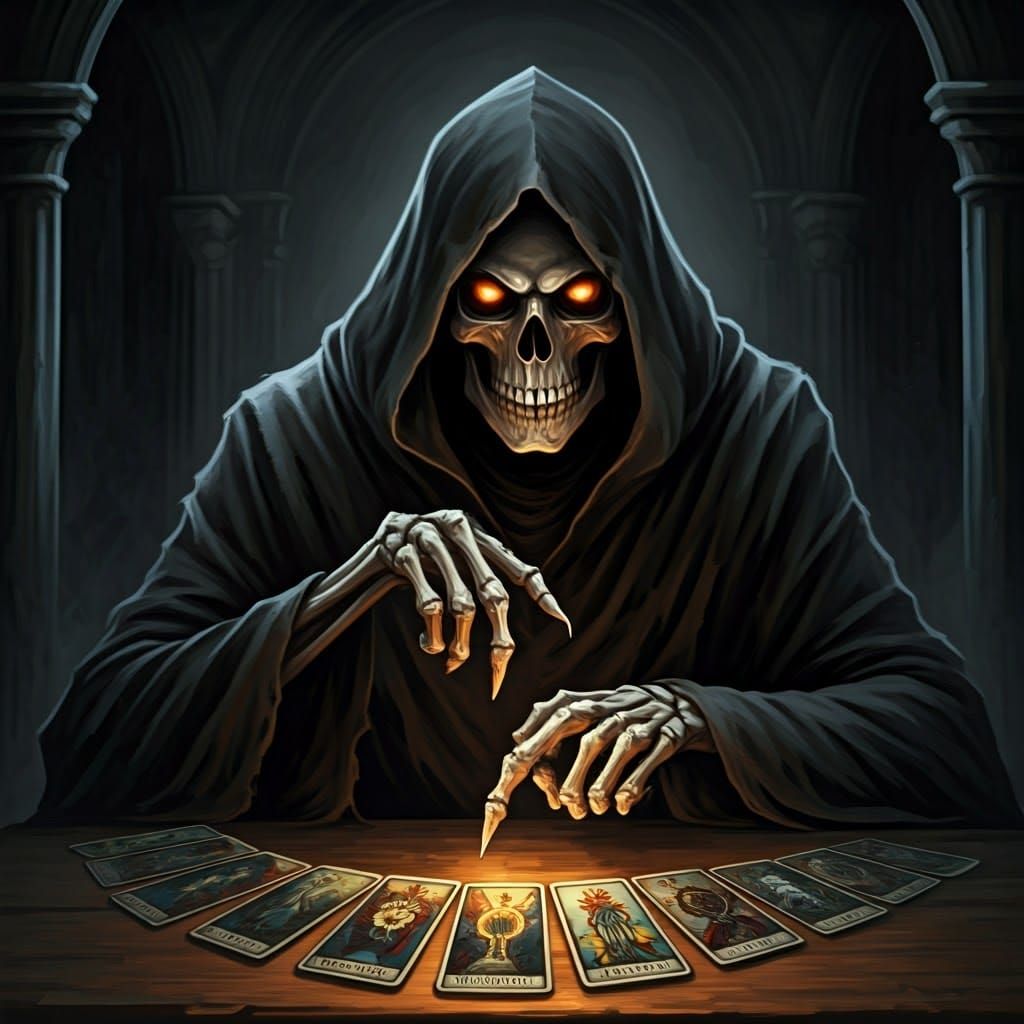 Grim Reaper Figure Divines Fate in Dark Art Style