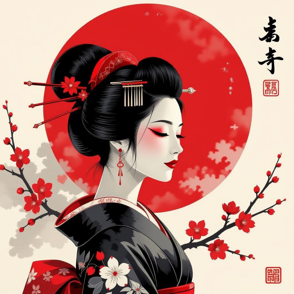 Geisha in Profile: Hyper-Realistic Digital Ink Painting