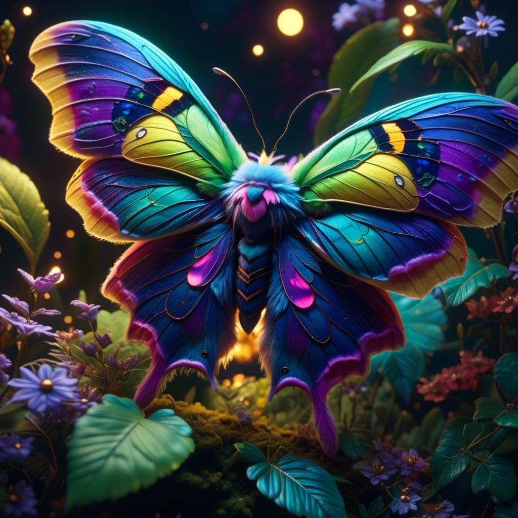 Glowing Luna Moth in Vibrant Digital Fantasy Art