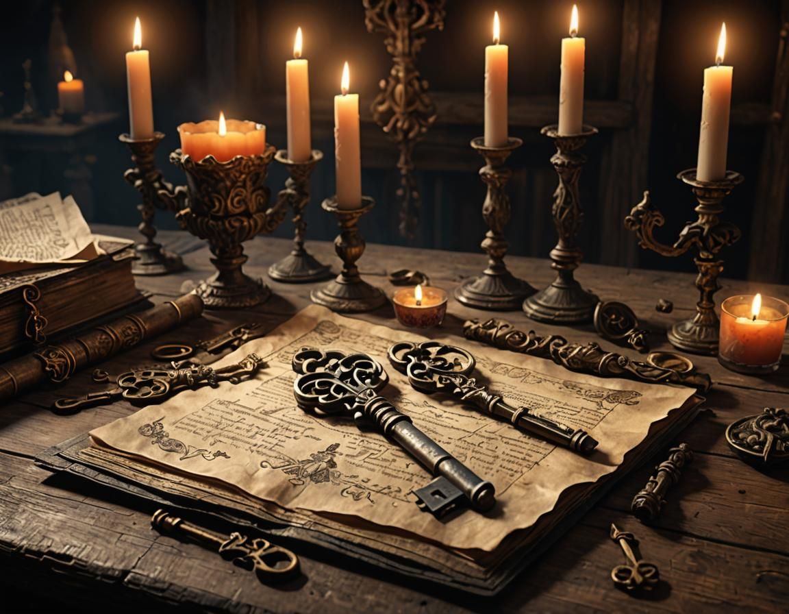 Ancient Key Emits Smoke in Gothic Candlelight