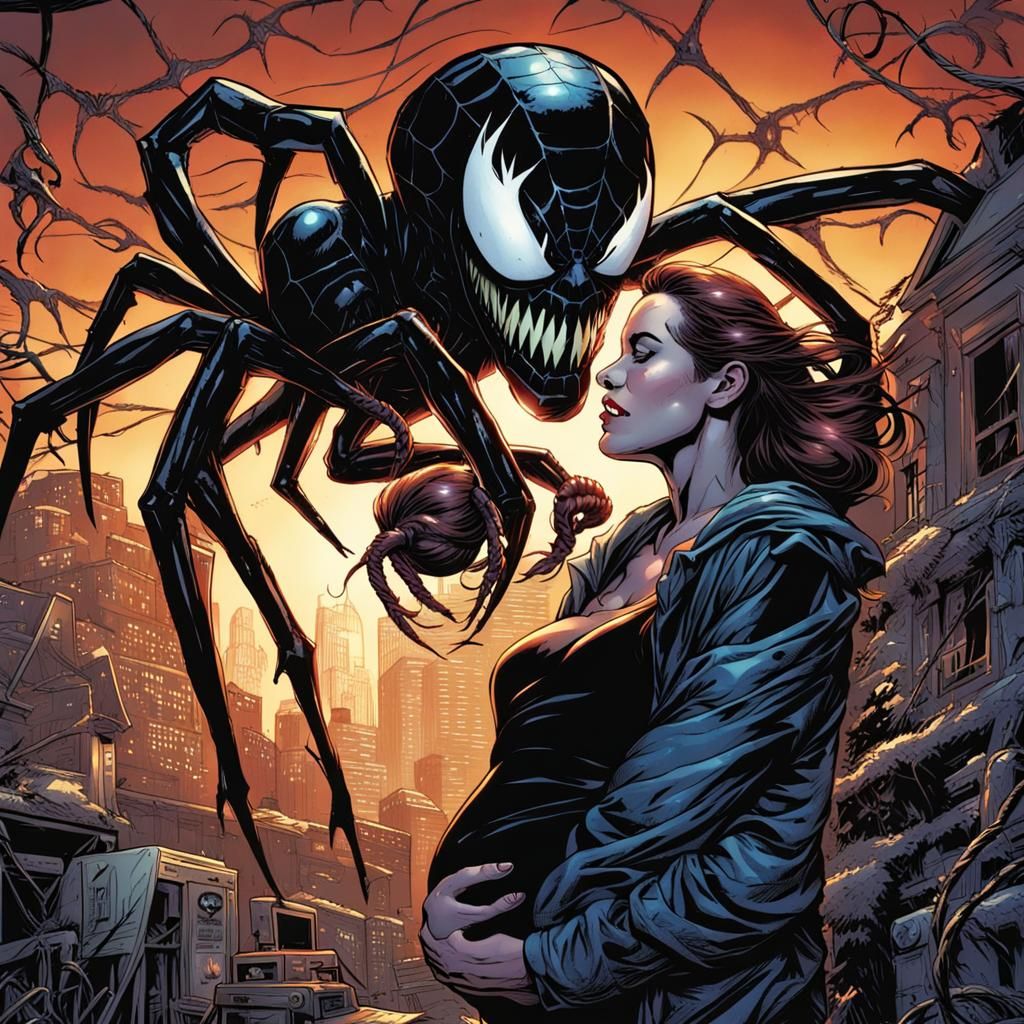 Pregnant Spider-Woman Kissing Venom in Comic Book Art